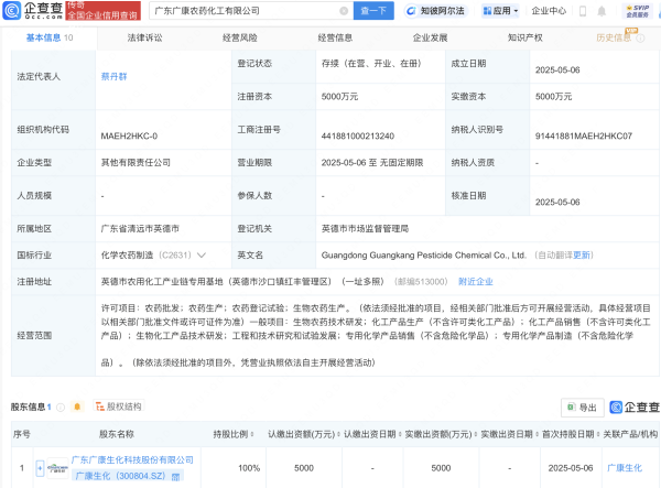 信钰证券  广康生化成立新公司，含生物农药技术研发业务